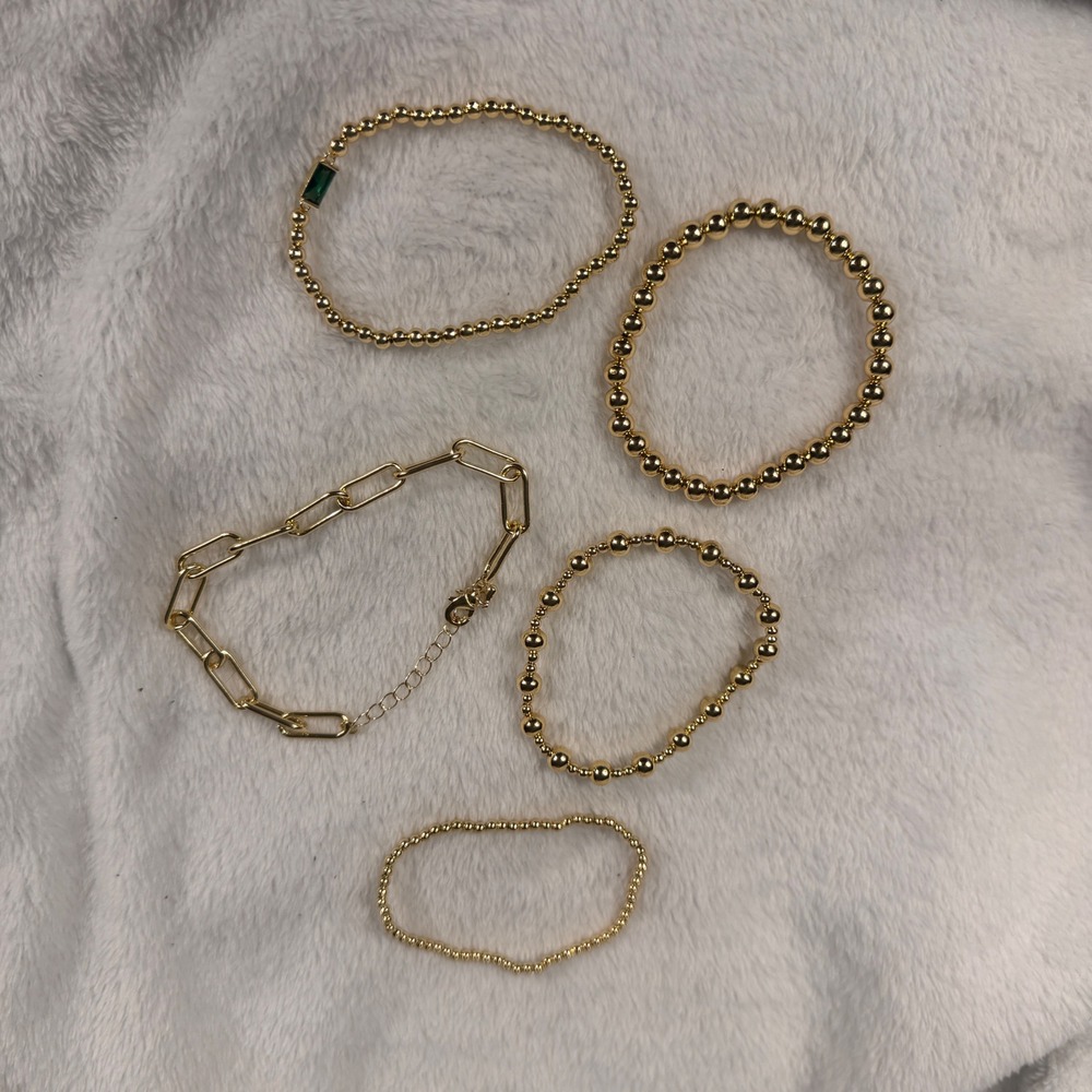 5 Pc Gold Tone Bracelet Stack Set Beaded Paperclip Link Green Stone Stretch